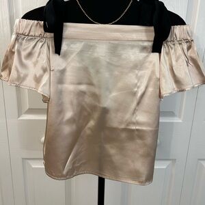 Champagne Silky off shoulder Crop with wide black shoulder bow ties